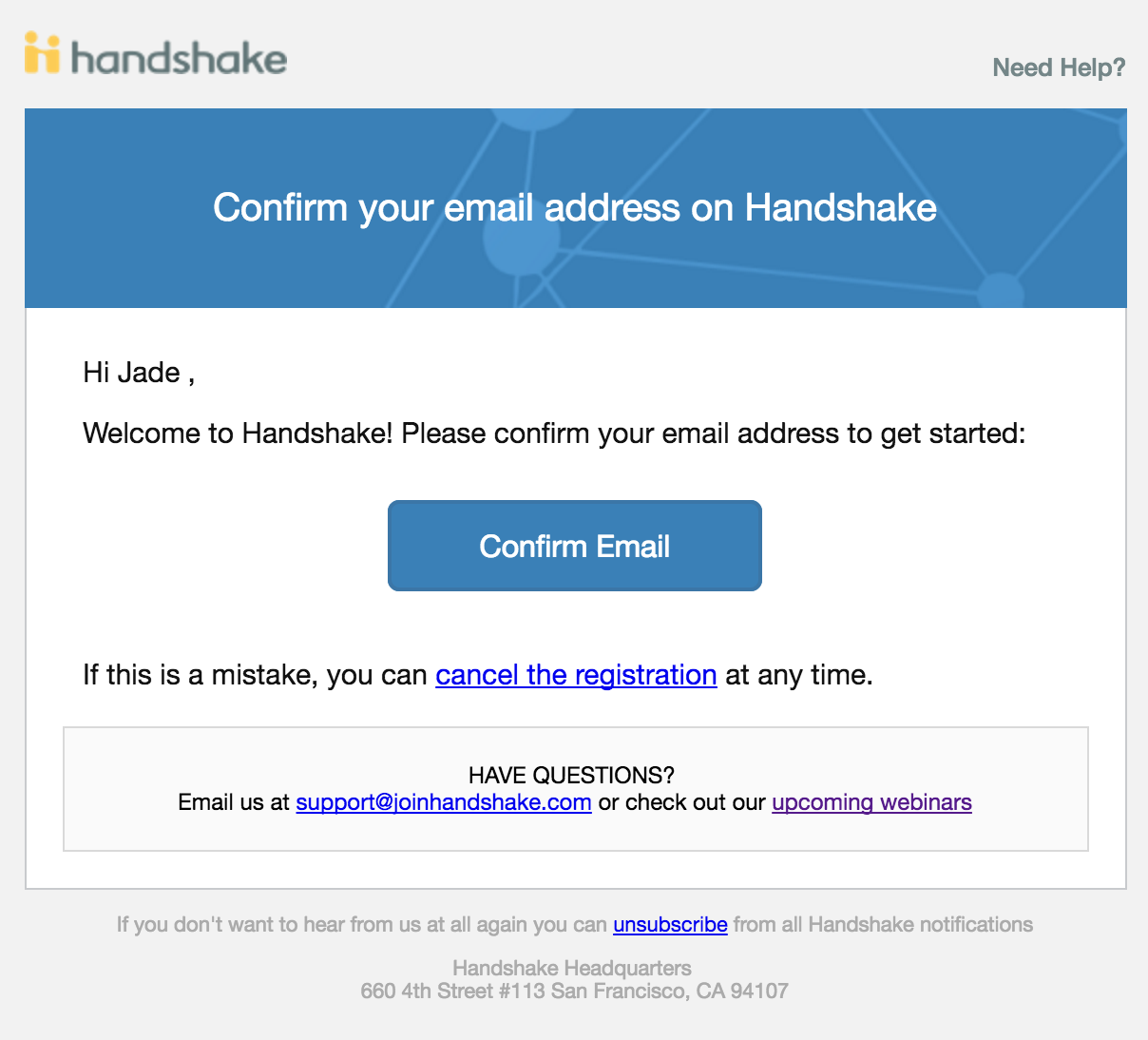 Handshake Confirm email screenshot
